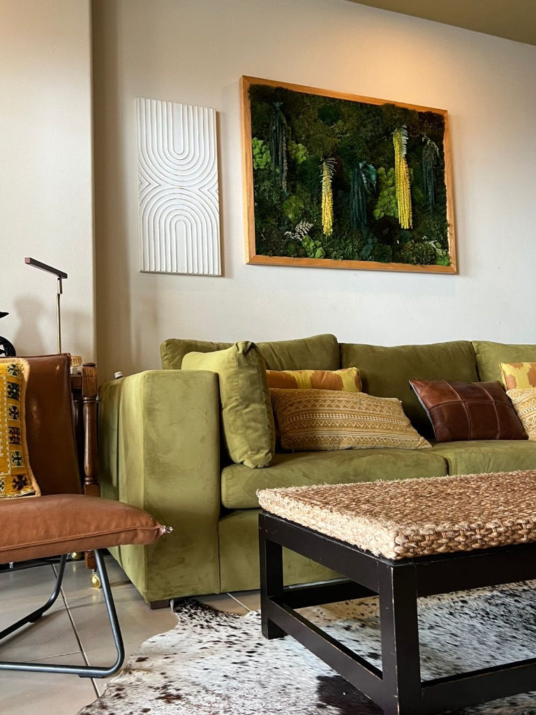 Sofa and curated artwork